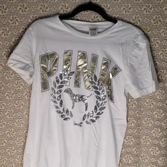 Victoria's Secret Women's White and Gold Tshirt - Picture 1 of 4